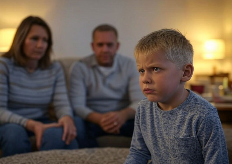 Un niño sentado en un sofá con expresión de enojo, mirando hacia un lado, mientras dos adultos están sentados detrás de él, observándolo con expresiones serias. La escena tiene lugar en una sala de estar con iluminación cálida.