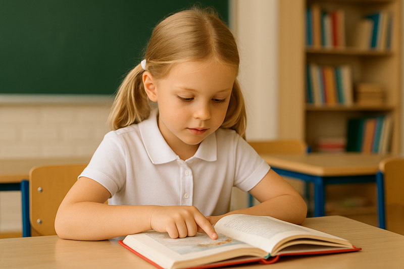 Niña de primaria leyendo un libro ilustrado en su pupitre dentro del aula, siguiendo el texto con el dedo.