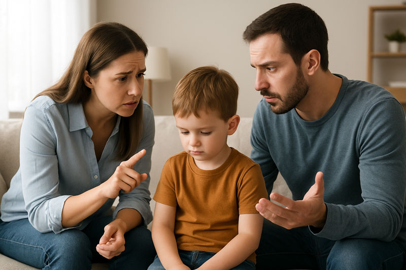 Padre y madre regañan con calma a su hijo pequeño en el sofá del salón. Ambos adultos muestran expresiones serias pero comprensivas, mientras el niño los escucha cabizbajo.